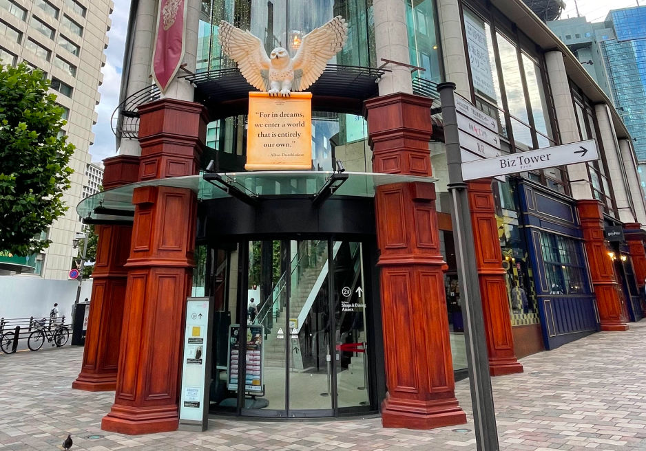 Entrance Harry Potter Store with owl statue and quote: “For in dreams, we enter a world that is entirely our own.”