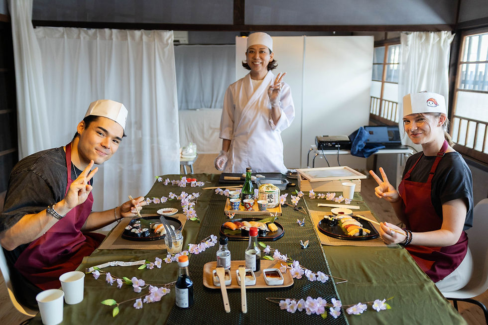 Complete sushi making experience complete with traditional sake and sakura