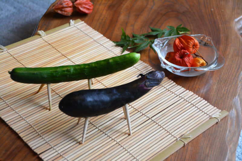 A cucumber and an eggplant propped up on sticks, representing a horse and a cow as per the Japanese Obon tradition, on a bamboo mat. Also in the photo are leaves and flowers of a plant called hozuki.