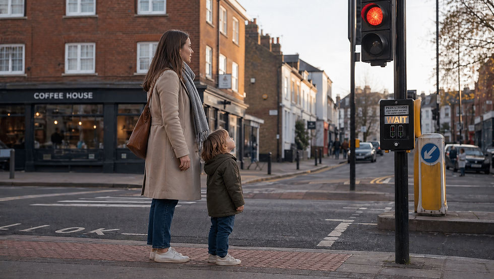 Woman and child wait at a red light crosswalk. A sign reads "WAIT." Background shows a coffee house and street. Calm urban setting.