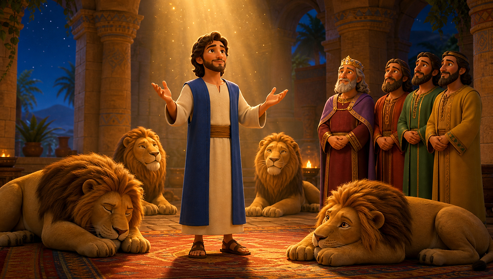 Animated man in blue robe stands under golden light, speaking to crowned men and four resting lions in an ornate temple courtyard.
