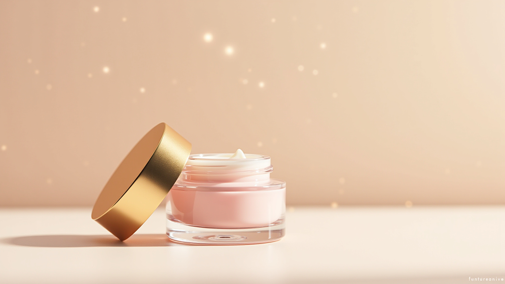 Open jar pink cream, gold lid, sparkling cosmetic product background.