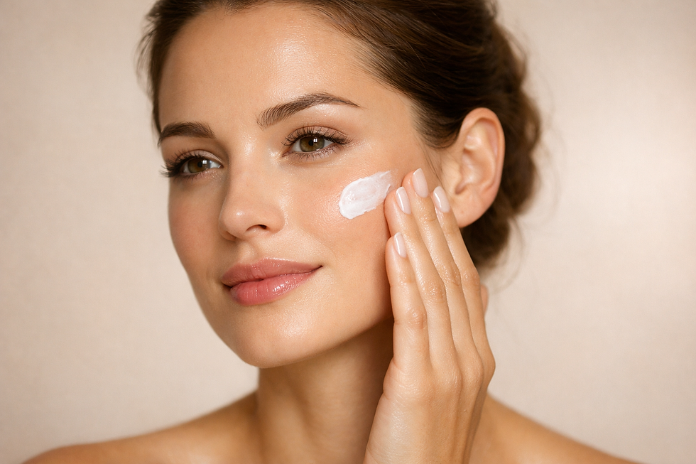 Woman applying moisturizer to her cheek, smiling softly. Neutral background, glowing skin, hair pulled back, serene mood.