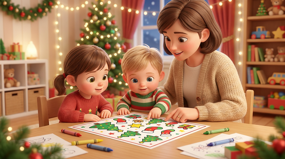Preschool children counting Christmas pictures on a printable activity page.