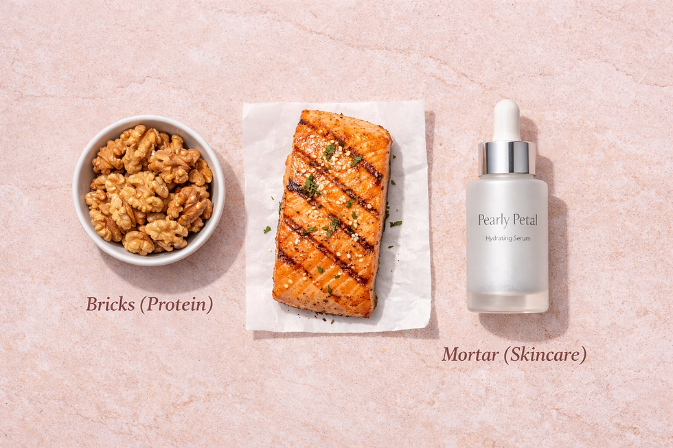 Bowl of walnuts, grilled salmon fillet, and bottle of "Pearly Petal Hydrating Serum" on textured surface. Text: "Bricks (Protein)" and "Mortar (Skincare)".