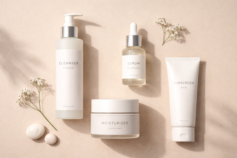Skincare products on a beige surface: Cleanser, Serum, Moisturizer, and Sunscreen with delicate white flowers and stones, creating a serene mood.