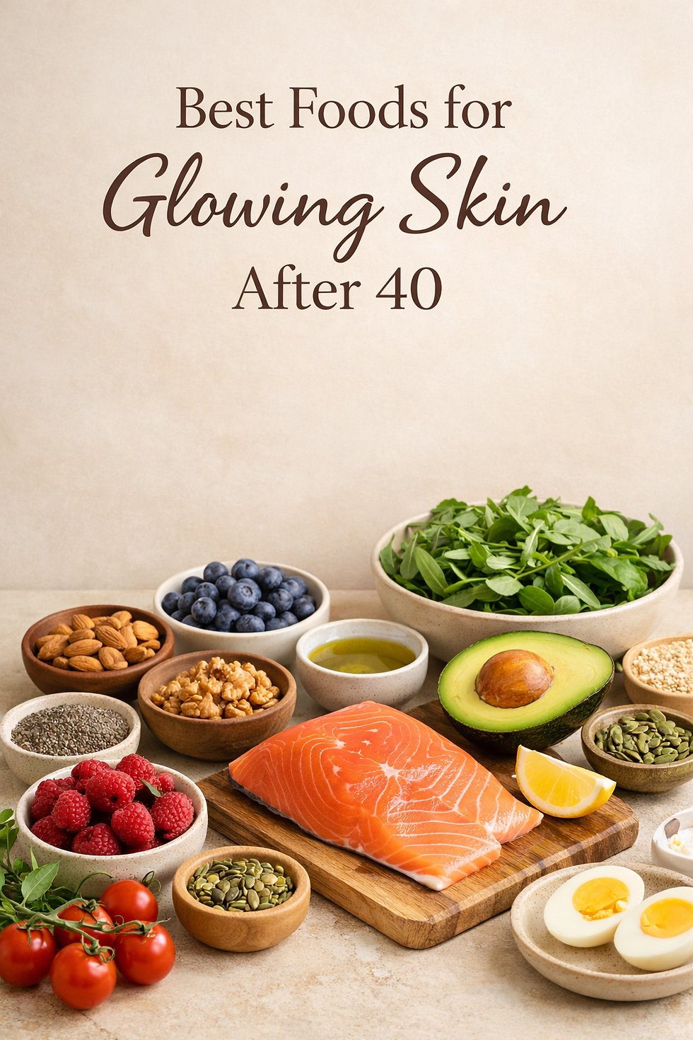 Assorted healthy foods for glowing skin are displayed, including salmon, avocado, almonds, and greens. Text reads: Best Foods for Glowing Skin After 40.