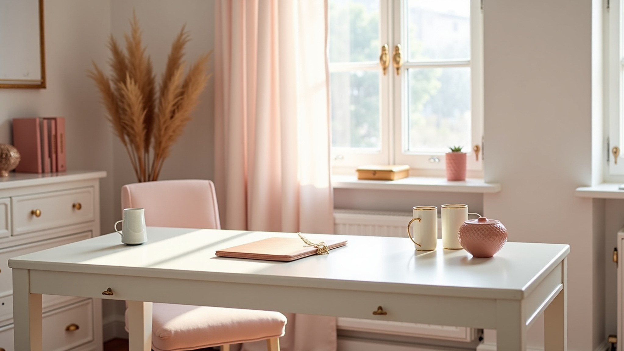 Bright room with white table, pink chairs, sheer curtains, pampas grass.