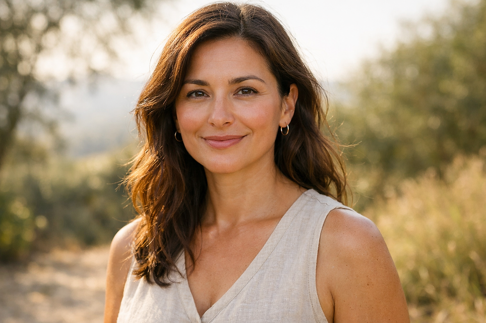 Smiling woman with brown hair and gold earrings in a beige top stands outdoors. Soft-focus trees and grass in sunlit background.