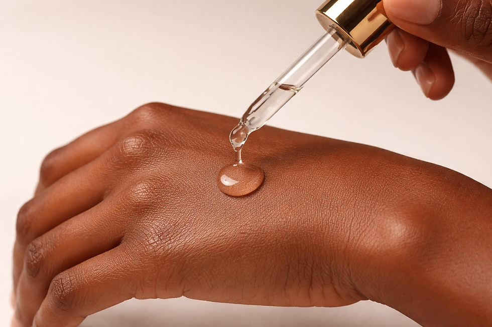 A hand with brown skin receives a drop of serum from a clear dropper. The background is plain and light, creating a clean, soothing mood.