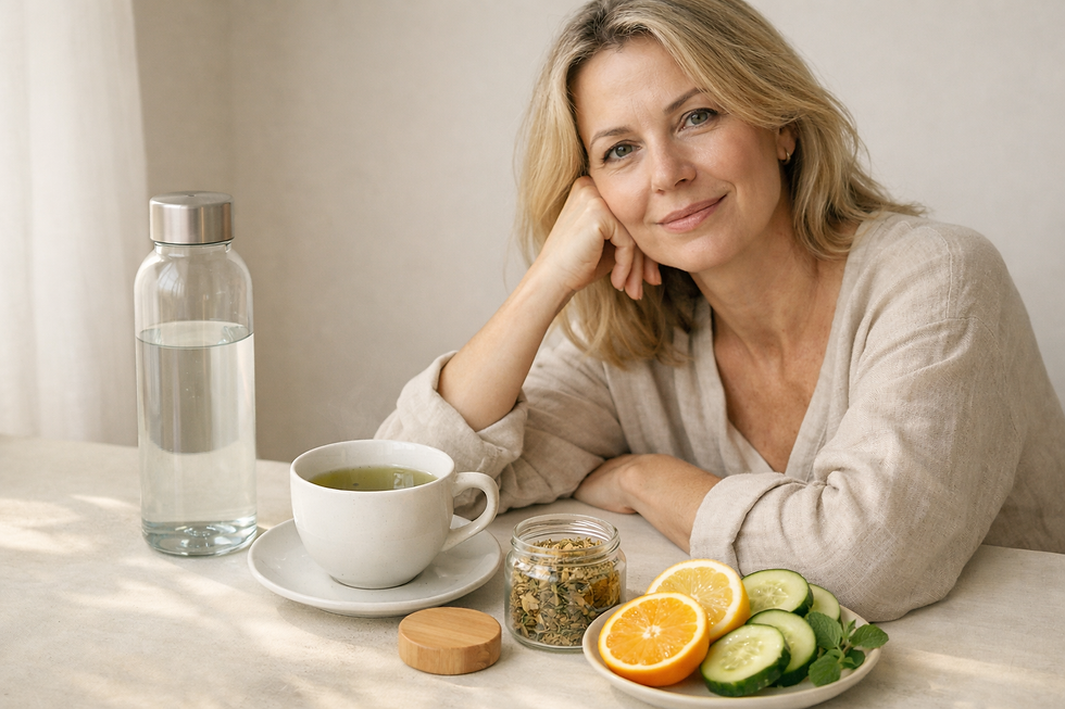 Woman smiling at a table with herbal tea, a water bottle, and sliced fruit. Neutral background, warm and serene mood.