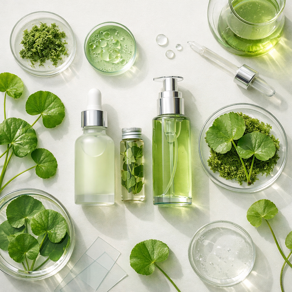 Green skincare products and fresh leaves arranged on a light surface. Bottles and petri dishes with gels create a refreshing, natural look.