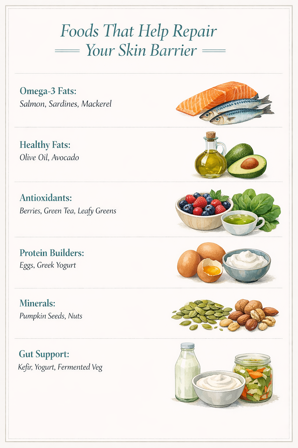 Foods to repair skin barrier: salmon, avocado, berries, yogurt, nuts. Categories: Omega-3, Healthy Fats, Antioxidants, Protein, Minerals, Gut.
