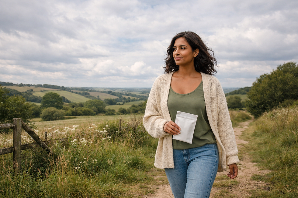 Woman in a green tank and beige cardigan walks on grass path holding a white pouch. Scenic hills and cloudy sky in the background.