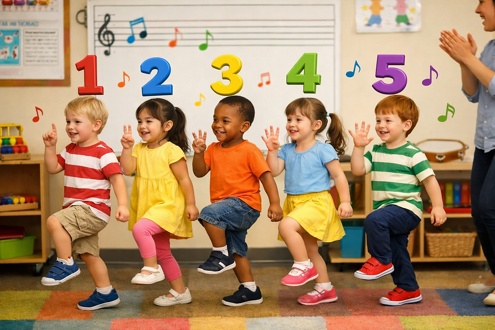 Five children in colorful outfits line up, raising fingers to match numbers 1-5. They hop joyfully in a classroom with musical notes.