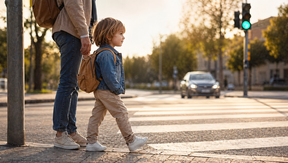 Child in a denim jacket walking with an adult across a crosswalk. Sunny day, relaxed mood. Green traffic light and car in the background.