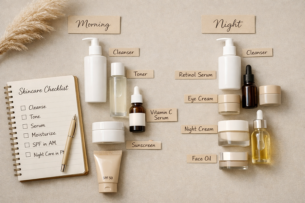 Skincare products on beige background labeled for morning and night. Includes a checklist and items like cleanser, toner, and creams. Calm mood.