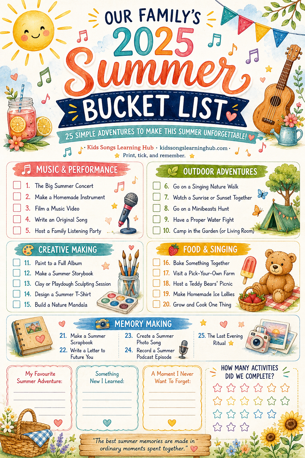 Colorful poster titled Our Family’s 2025 Summer Bucket List with music, crafts, food, camping, and memory-making activities.
