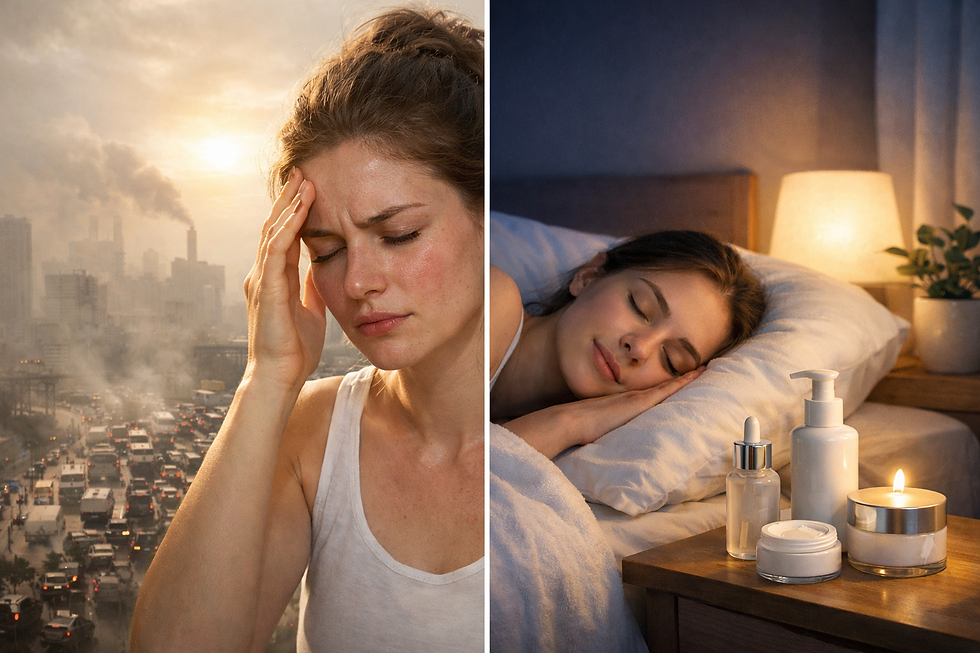 Split image: Left shows a woman stressed in a polluted city; right shows her peacefully sleeping in bed with candles and skincare products.