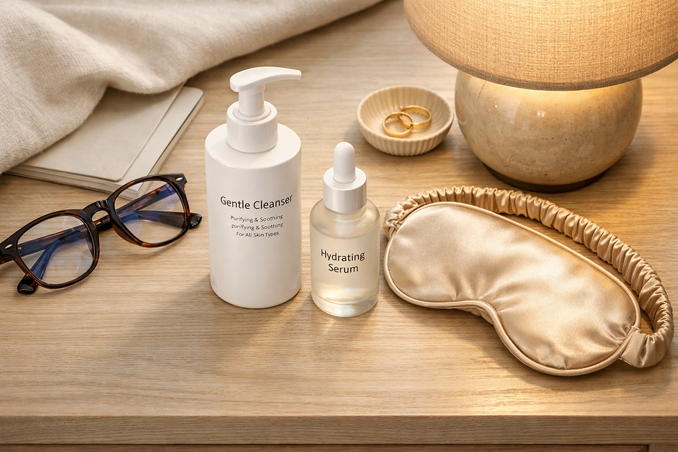 Cleanser and serum bottles on a wooden table with a lamp, glasses, silk sleep mask, and ring dish. Warm lighting and neutral tones.