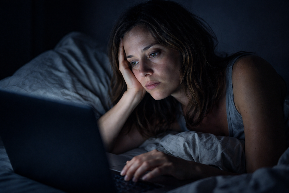 Woman lying in bed, looking tired as she stares at a laptop screen. The room is dimly lit, with gray bedding adding to the somber mood.
