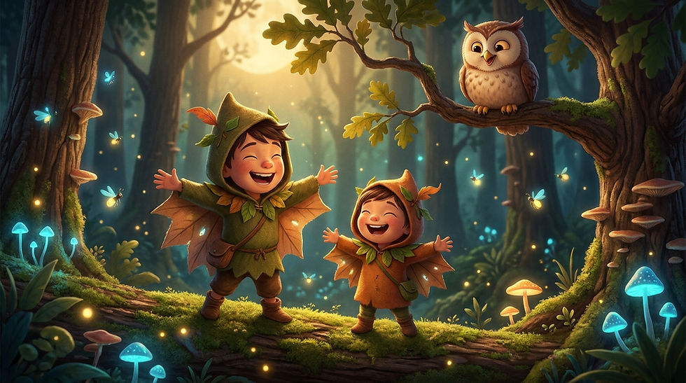 Two smiling children in leaf costumes dance in a glowing forest, with an owl on a branch, fireflies, and blue mushrooms.