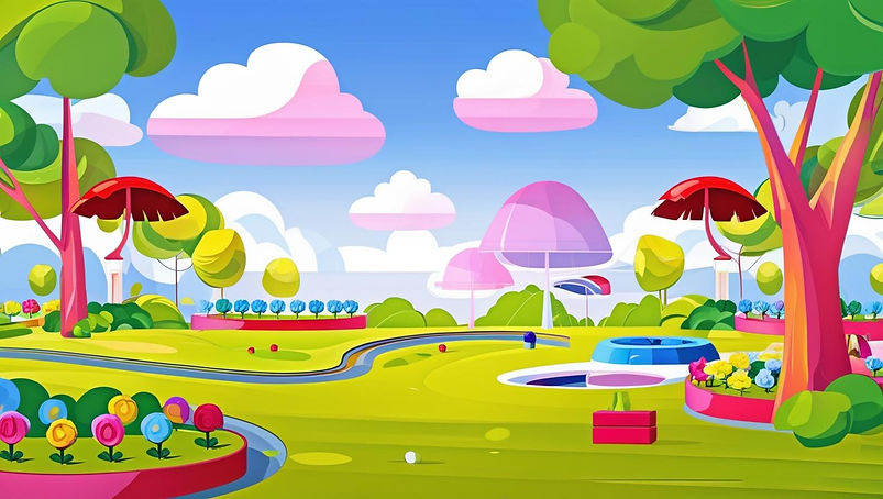 Vibrant cartoon park scene: colorful flowers, giant mushrooms, and whimsical trees.