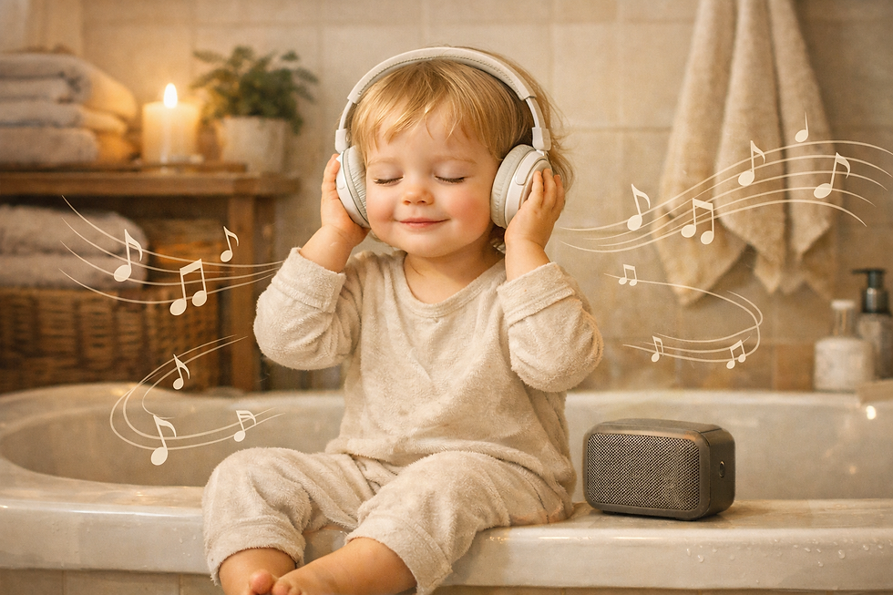 A child in pajamas listens happily to music on headphones in a cozy bathroom, with a candle, plant, and towels in the background. Musical notes float.