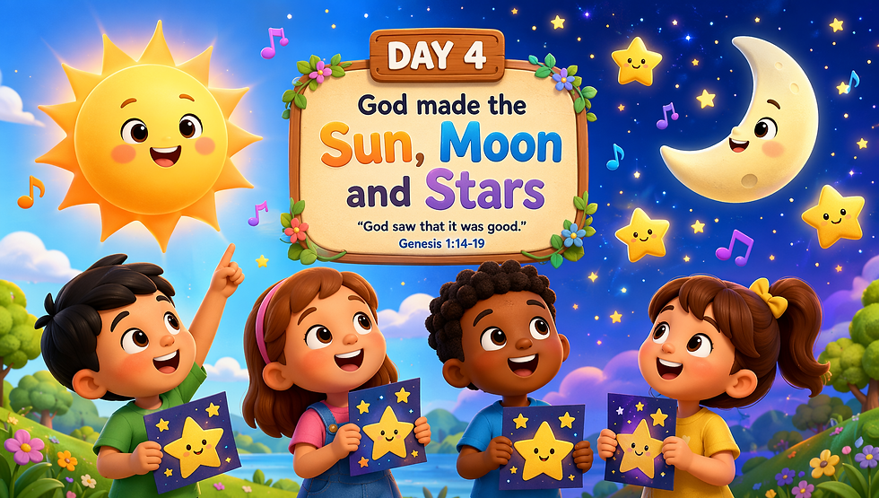 Smiling kids hold star crafts under a Day 4 sign reading God made the Sun, Moon and Stars, with a cheerful sun and moon.