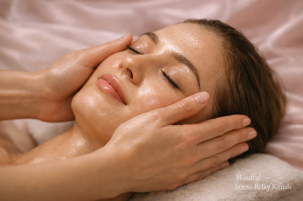 Close-up of a serene person receiving a facial massage with oily glow, lying on a soft pink cloth. Text: Mindful Stress-Relief Rituals.