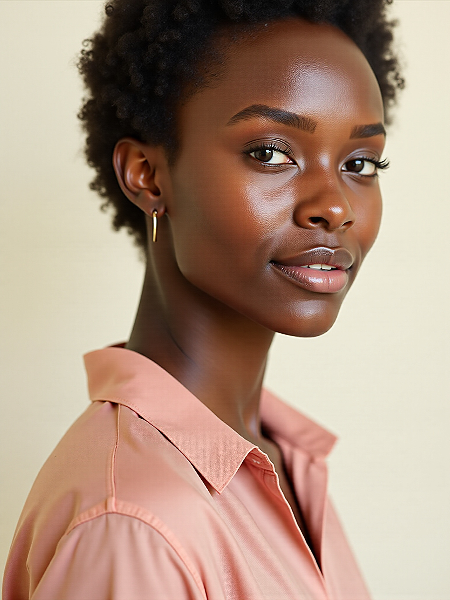 Close-up of young Black woman in pink collared shirt smiling subtly.