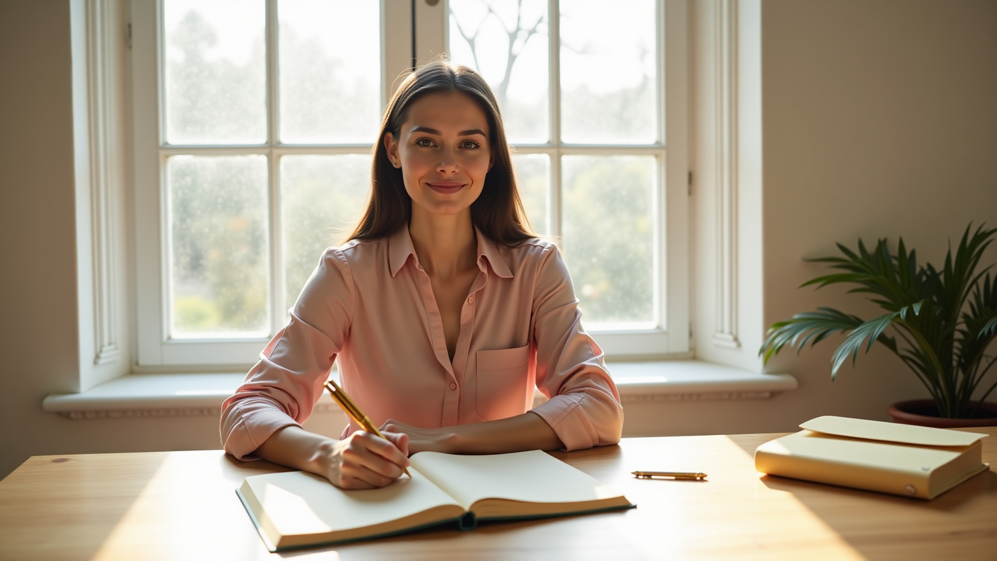 Smiling woman writing notes in open notebook at bright wooden desk.