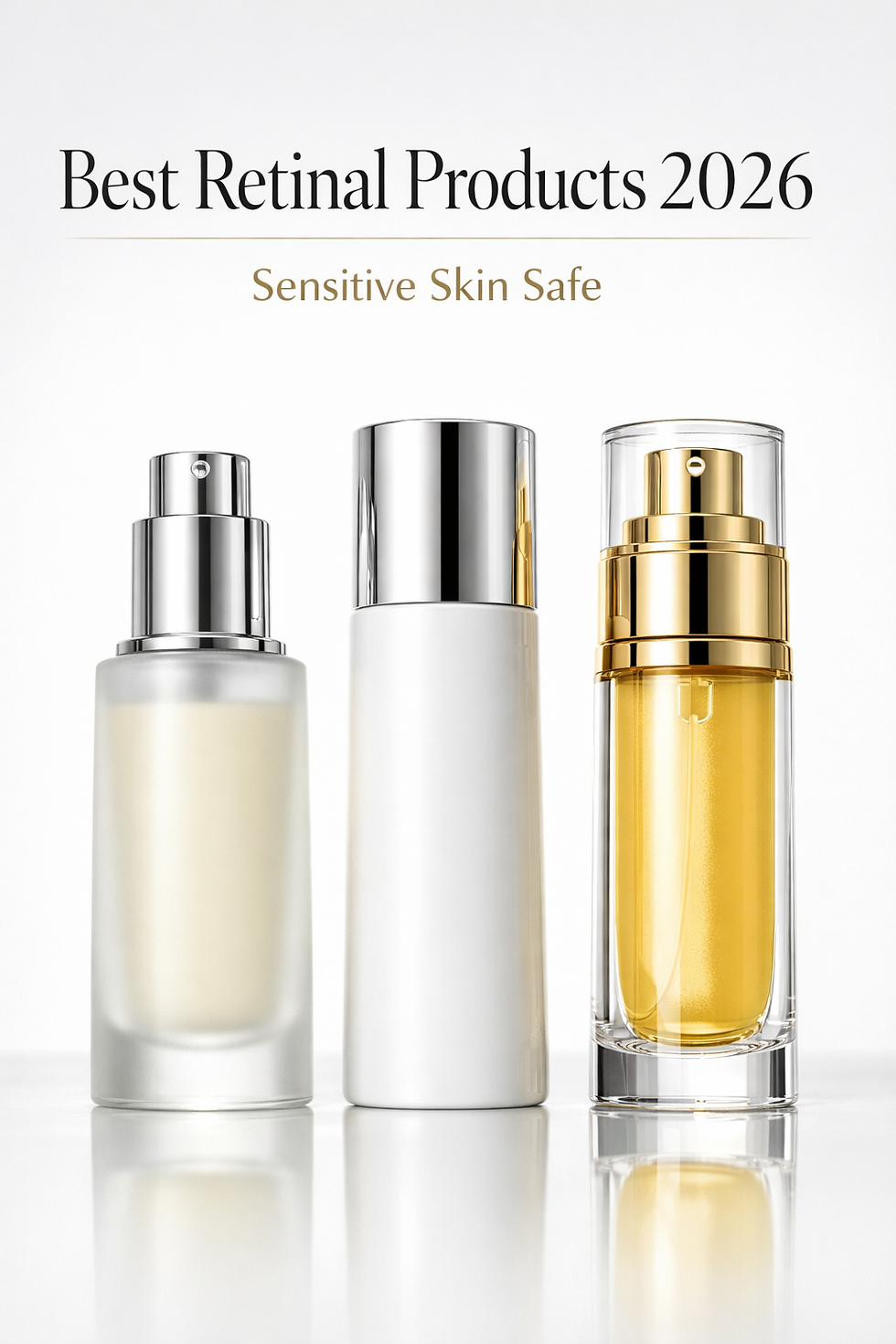 Three retinal product bottles on a white background. Text reads "Best Retinal Products 2026" and "Sensitive Skin Safe."