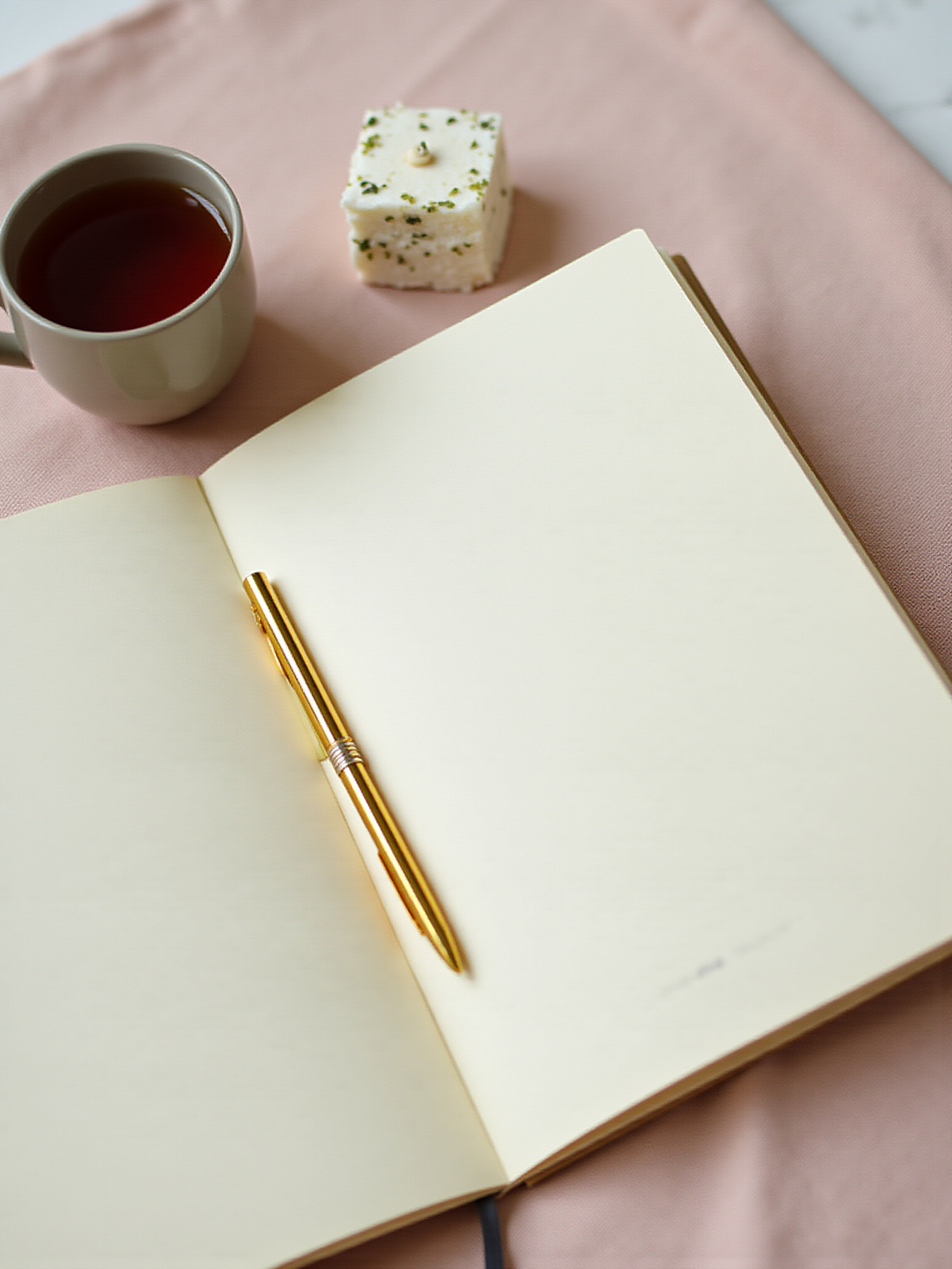 Open notebook with golden pen, tea cup, and white sweet on pink cloth.