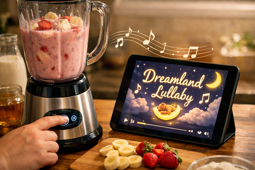 Chalkboard with bedtime routine tips: use the same song, brush teeth after smoothie, make it a 2-person job. Blender with smoothie nearby.