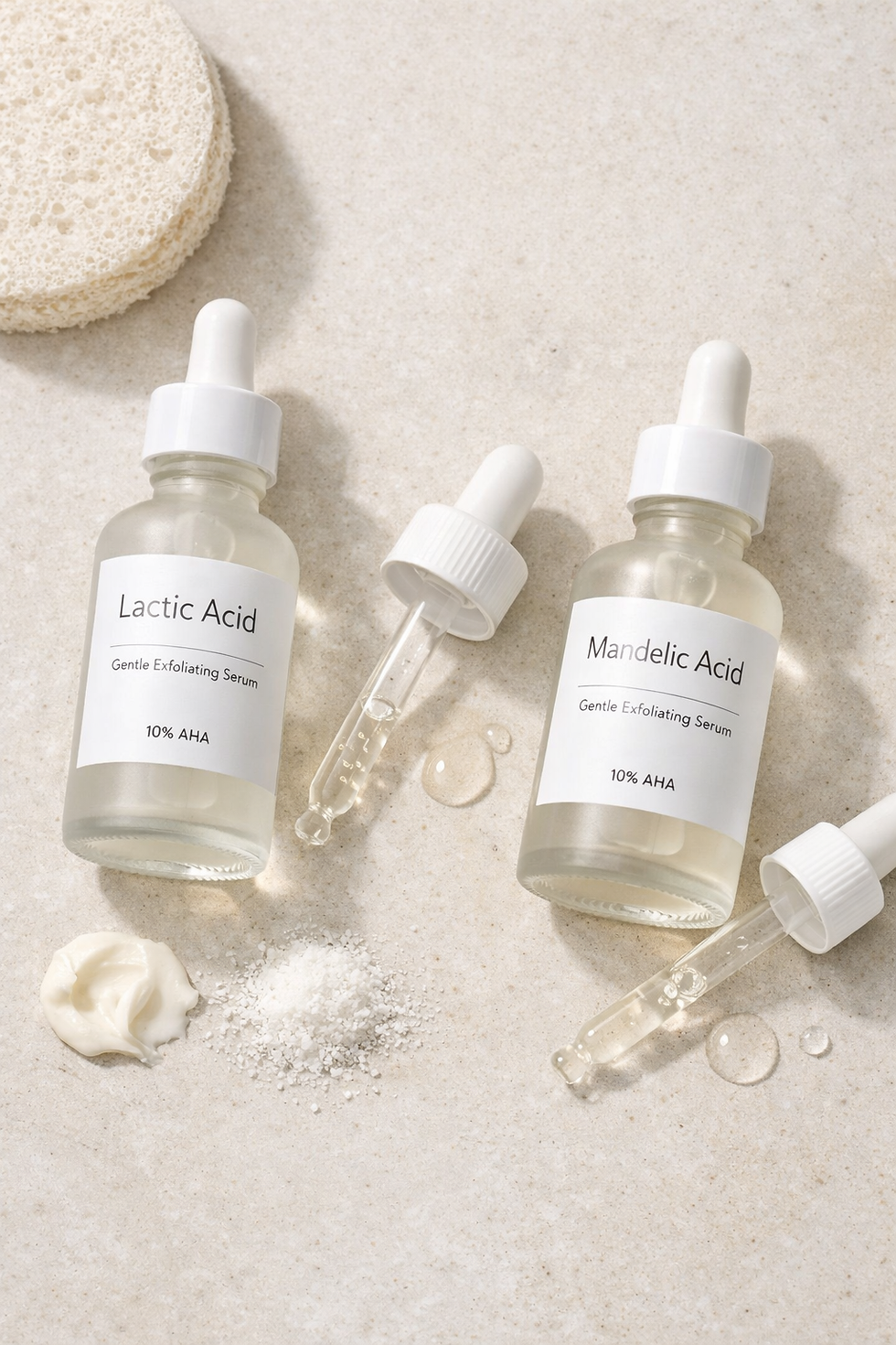 Two bottles labeled Lactic Acid and Mandelic Acid serums with droppers on a beige surface. Nearby are exfoliating pads, cream, and powder.