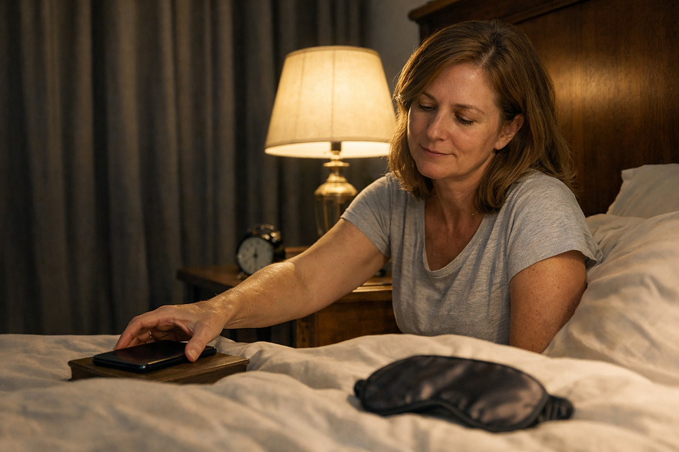 Woman in bed reaches for phone on bedside table, lit by lamp. Clock and sleep mask visible. Calm nighttime setting.