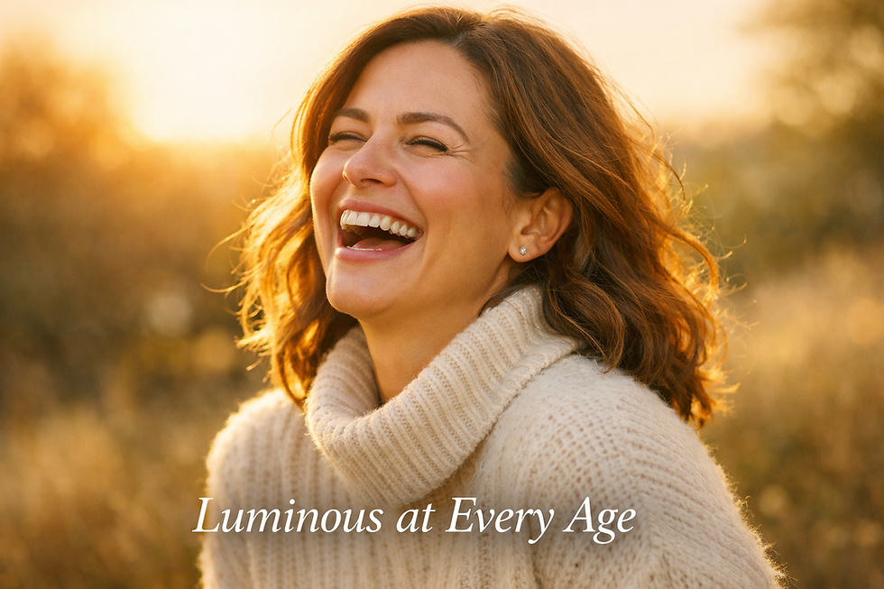 Smiling woman in a cream sweater outdoors at sunset. Warm, glowing background. Text reads "Luminous at Every Age." Joyful mood.