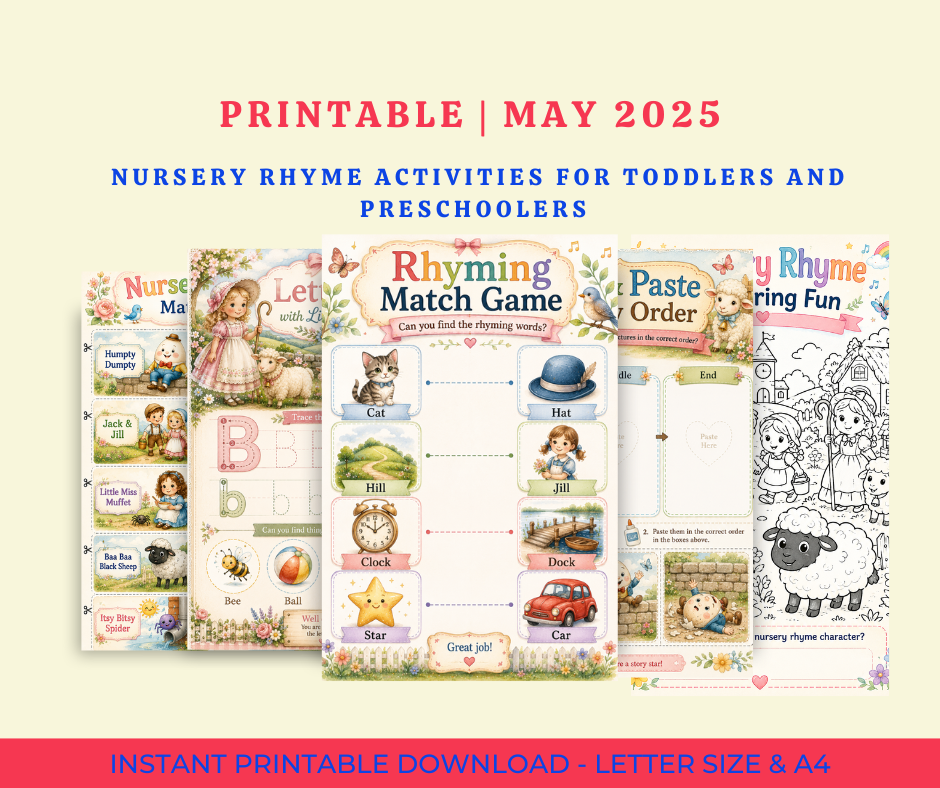 May 2025 printable nursery rhyme activities for toddlers and preschoolers, with pastel worksheet pages and rhyming match game thumbnails
