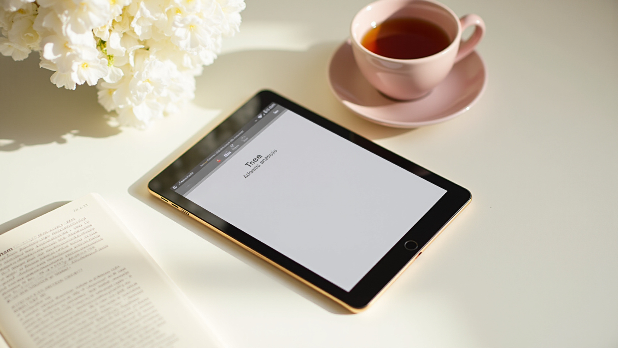 Tablet displaying "Done" screen, teacup, white flowers, and a book.