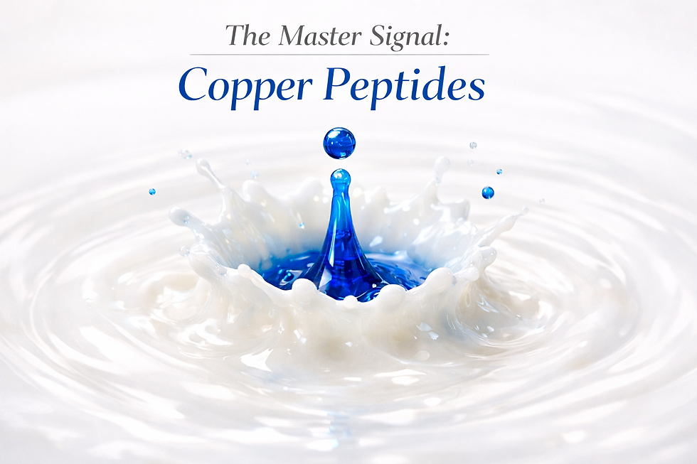 Blue drop splashes in white liquid, creating a ripple effect. Text: "The Master Signal: Copper Peptides." Clean, dynamic feel.