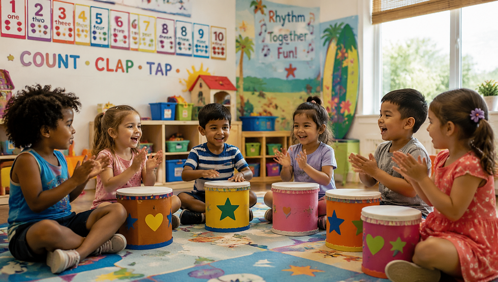 Children sit on a colorful rug, clapping and playing drums in a classroom. Walls display posters and cheerful decor. Smiling faces.