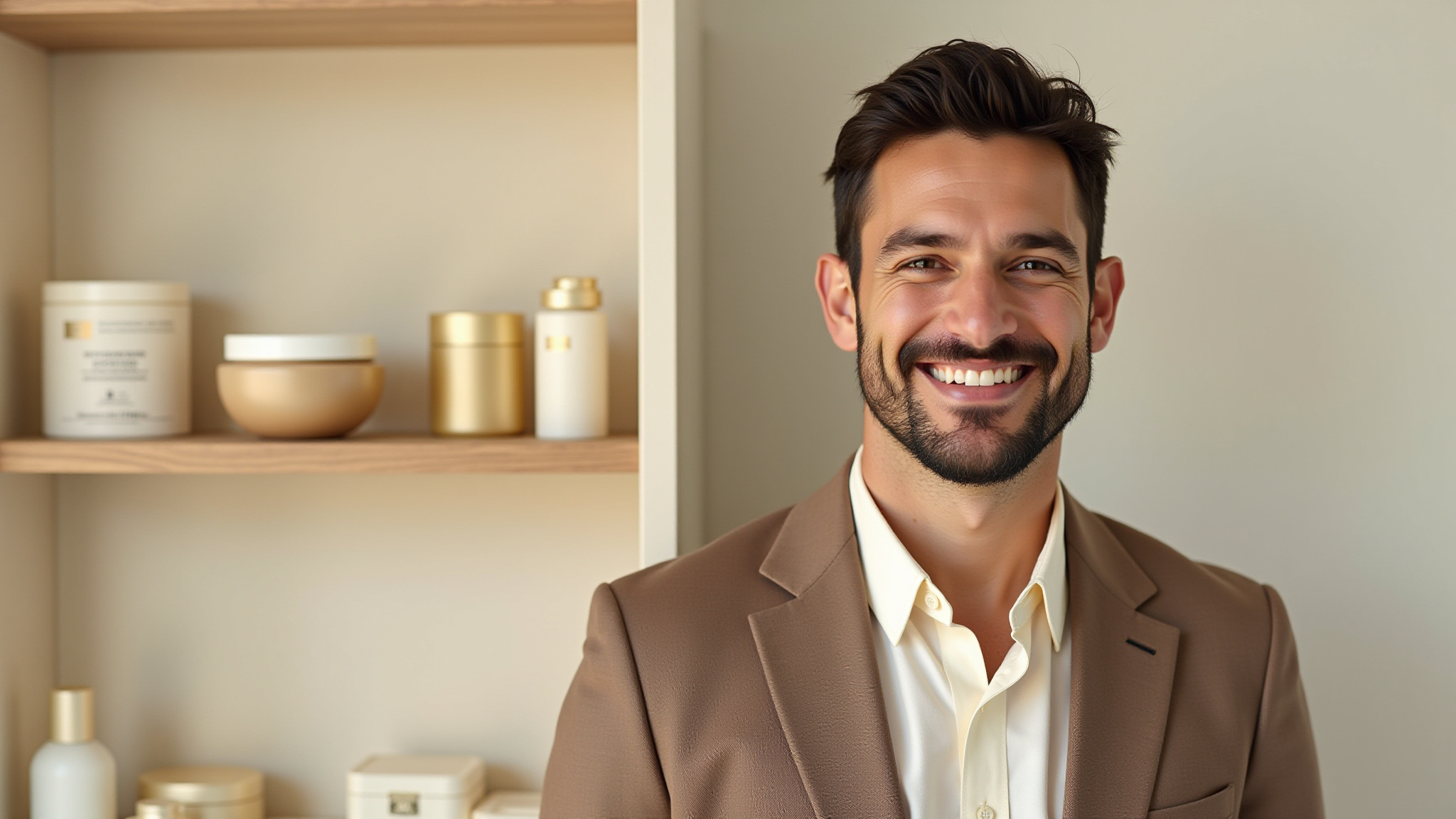 Smiling man in brown jacket beside shelves with beauty products.