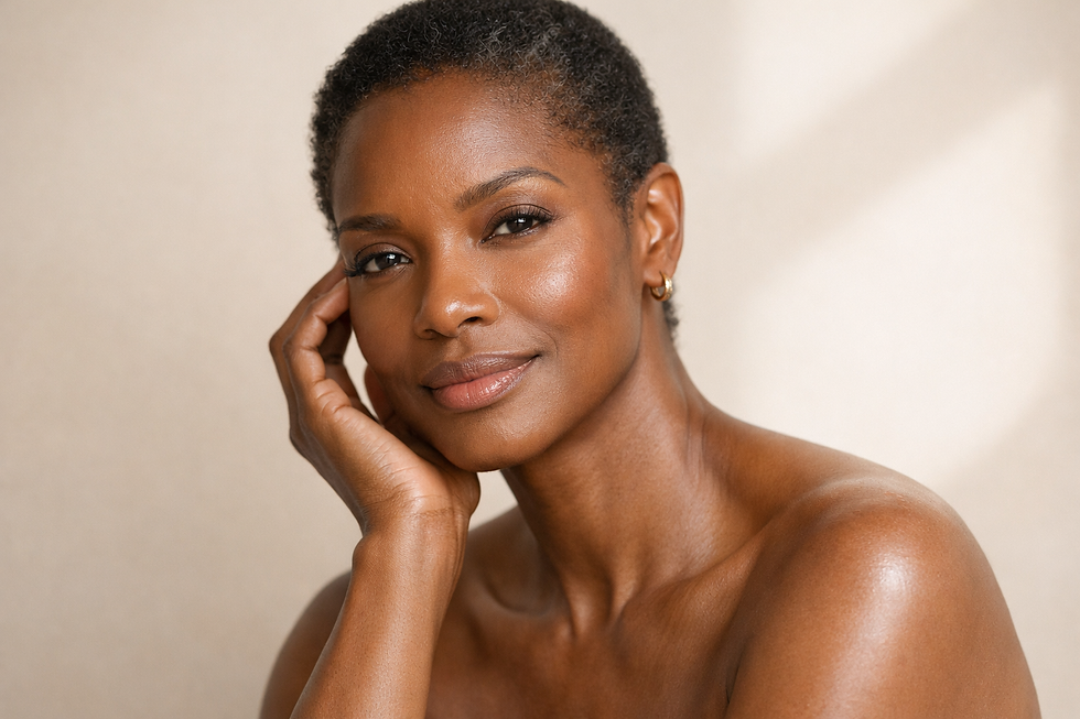 Smiling woman with short hair rests her head on her hand against a soft beige background, wearing gold hoop earrings. Warm and serene mood.