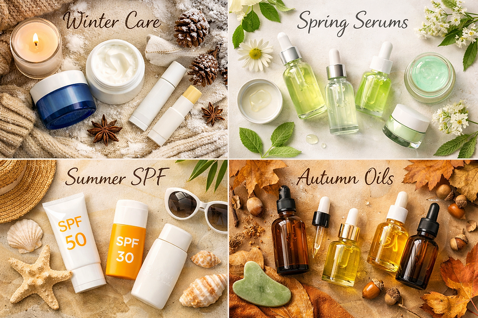 Winter care creams with candles; spring serums on floral backdrop; summer SPF with seashells; autumn oils amid leaves.