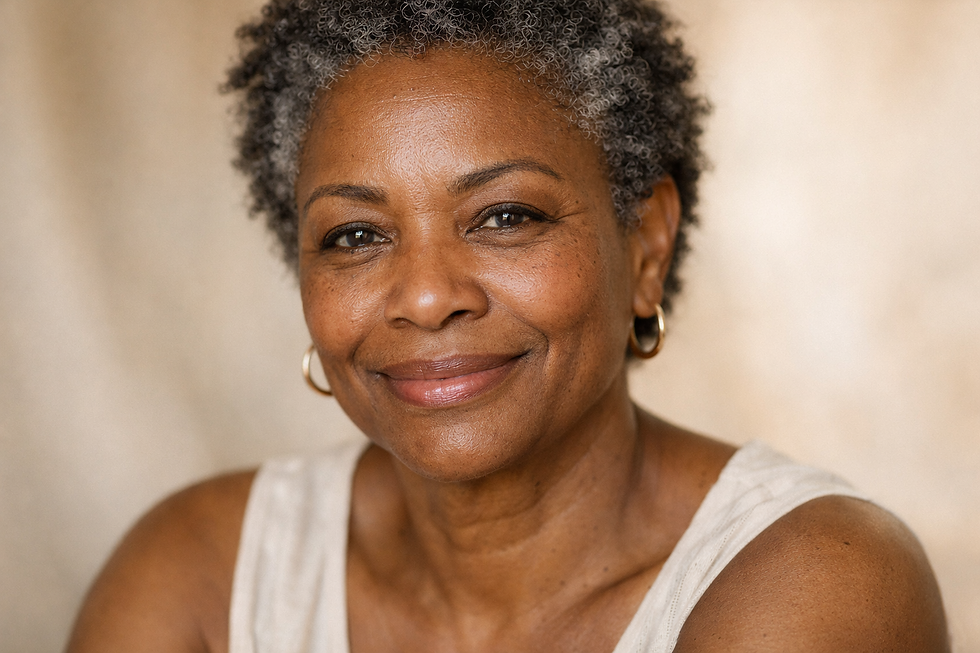 Smiling woman with short curly hair and gold hoop earrings against a soft beige background. She wears a sleeveless top, conveying warmth and contentment.