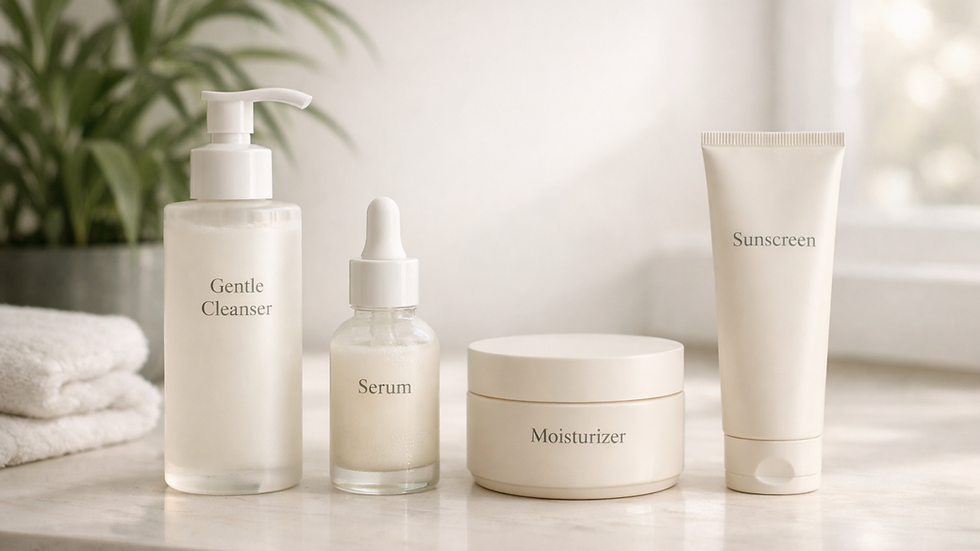 Skincare products on a marble counter: Gentle Cleanser, Serum, Moisturizer, Sunscreen. Soft light, leafy plant in background.