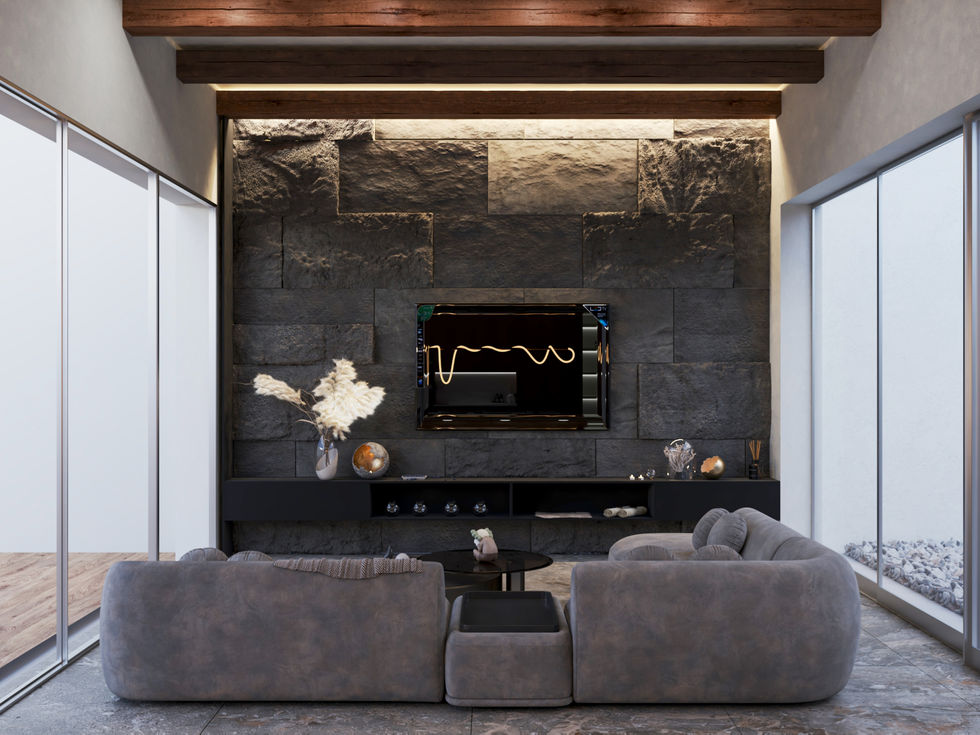 render salón con chimenea arquitectura interior moderna