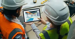 A worker and site manager looking at construction software on a tablet.