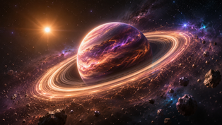 Ringed planet in a purple and orange nebula